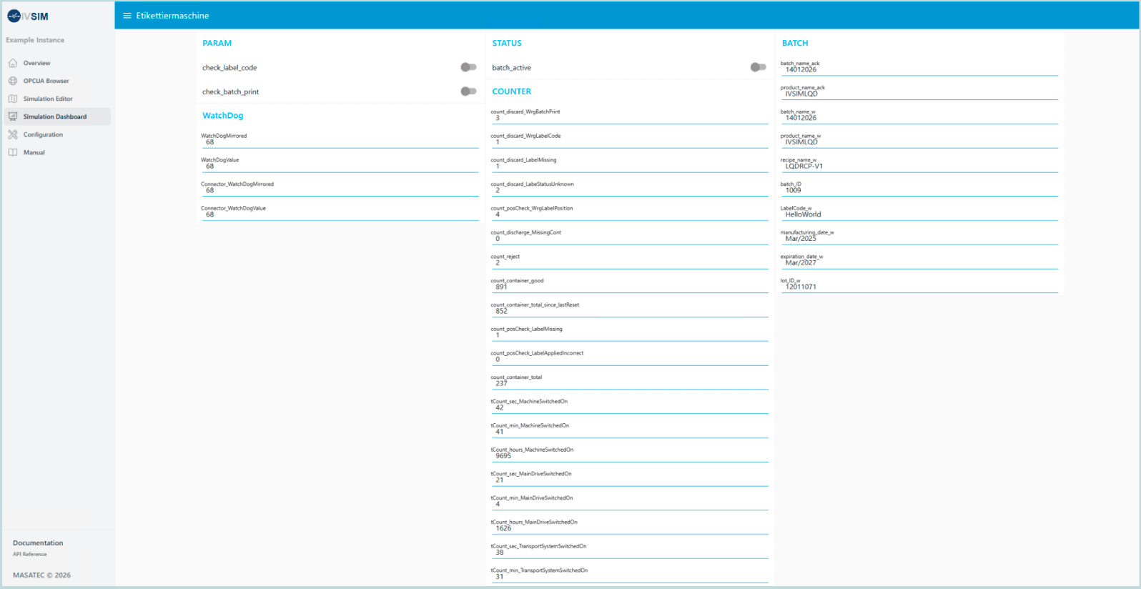 IVSIM Simulation Dashboard with equipment groups, switches, sliders, gauges and inputs